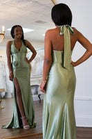 Load image into Gallery viewer, Sage Corset Halter Long Satin Formal Dress with Slit