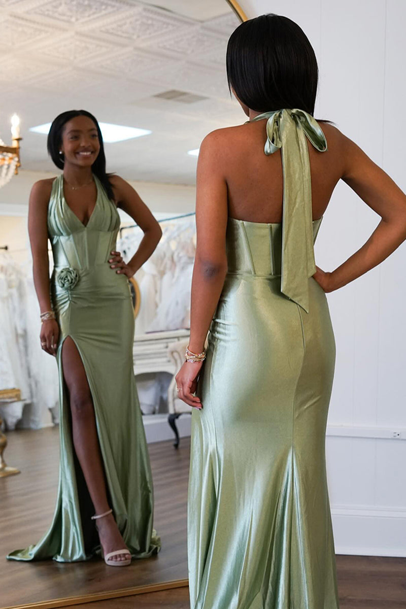 Load image into Gallery viewer, Sage Corset Halter Long Satin Formal Dress with Slit