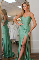 Load image into Gallery viewer, Sage Sheath Corset Satin Long Formal Dress with Slit