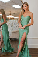Load image into Gallery viewer, Sage Sheath Corset Satin Long Formal Dress with Slit
