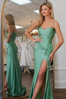 Load image into Gallery viewer, Sage Sheath Corset Satin Long Formal Dress with Slit