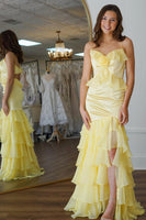Load image into Gallery viewer, Yellow Ruffled Mermaid Tiered Long Formal Dress with Slit
