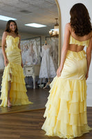 Load image into Gallery viewer, Yellow Ruffled Mermaid Tiered Long Formal Dress with Slit