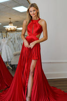 Load image into Gallery viewer, Red A Line Satin Long Formal Dress with Slit