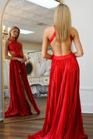 Load image into Gallery viewer, Red A Line Satin Long Formal Dress with Slit