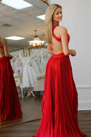 Load image into Gallery viewer, Red A Line Satin Long Formal Dress with Slit