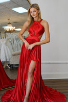 Load image into Gallery viewer, Red A Line Satin Long Formal Dress with Slit