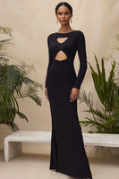 Load image into Gallery viewer, Black Scoop Neck Mermaid Long Formal Dress with Long Sleeves