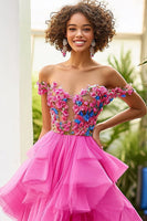 Load image into Gallery viewer, Fuchsia A Line Off the Shoulder Ruffled Formal Dress with Appliques