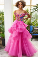 Load image into Gallery viewer, Fuchsia A Line Off the Shoulder Ruffled Formal Dress with Appliques