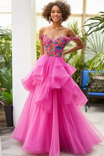 Fuchsia A Line Off the Shoulder Ruffled Formal Dress with Appliques