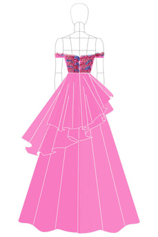 Fuchsia A Line Off the Shoulder Ruffled Formal Dress with Appliques