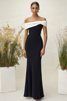 Load image into Gallery viewer, White Black Off the Shoulder Mermaid Long Formal Dress
