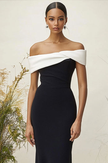 White Black Off the Shoulder Mermaid Long Formal Dress