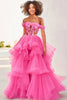 Load image into Gallery viewer, Fuchsia Tulle Ruffled Ball Gown Long Formal Dress with Appliques