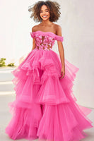 Load image into Gallery viewer, Fuchsia Tulle Ruffled Ball Gown Long Formal Dress with Appliques