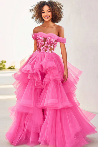 Fuchsia Tulle Ruffled Ball Gown Long Formal Dress with Appliques