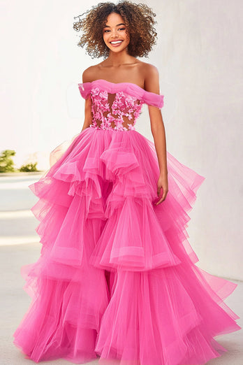 Fuchsia Tulle Ruffled Ball Gown Long Formal Dress with Appliques