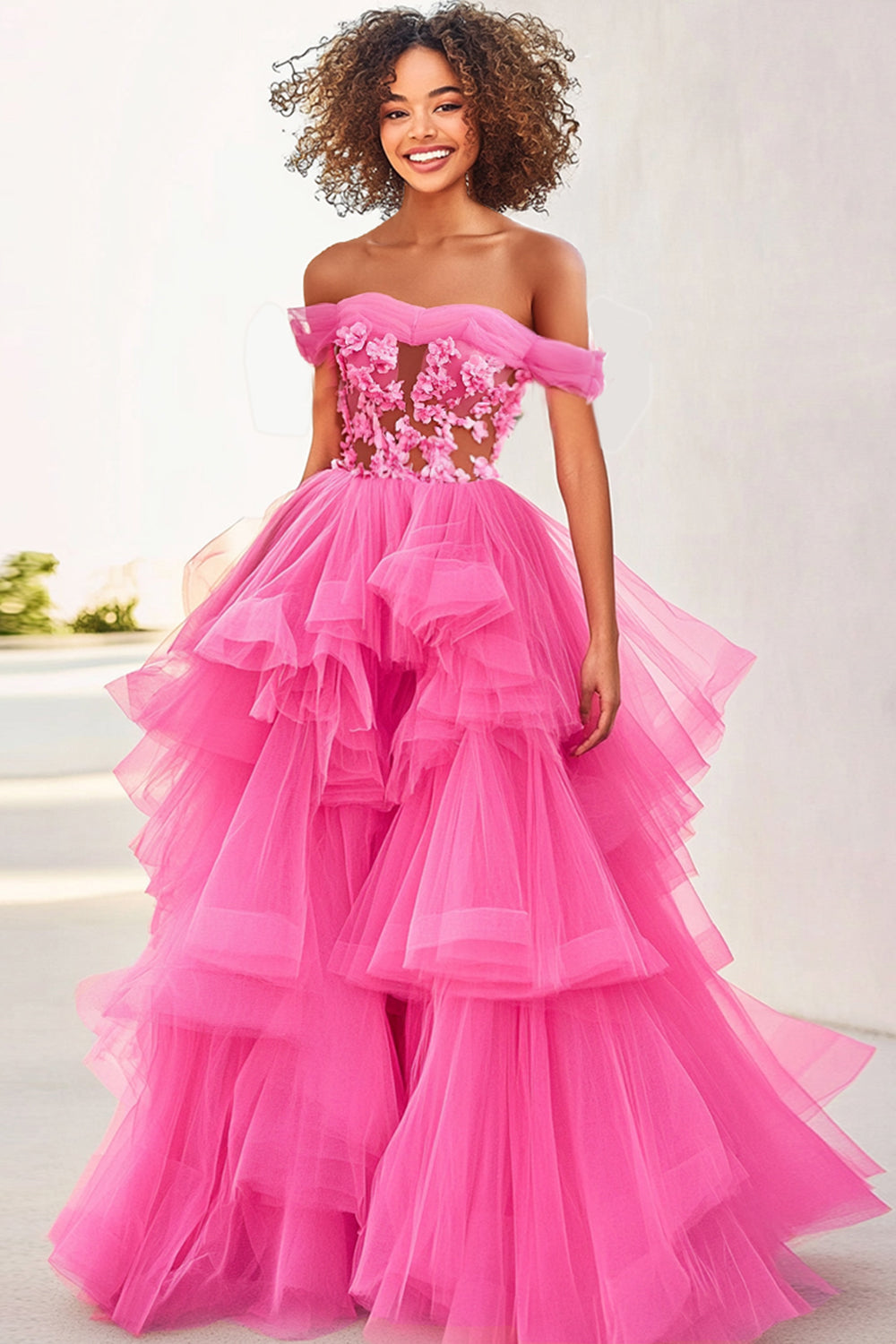 Fuchsia Tulle Ruffled Ball Gown Long Formal Dress with Appliques
