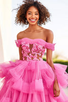 Load image into Gallery viewer, Fuchsia Tulle Ruffled Ball Gown Long Formal Dress with Appliques