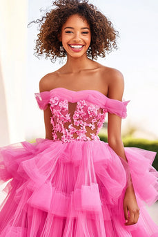 Fuchsia Tulle Ruffled Ball Gown Long Formal Dress with Appliques
