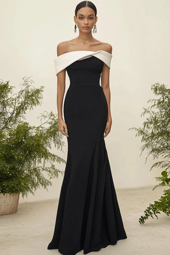 White Black Satin Mermaid Off the Shoulder Long Formal Dress