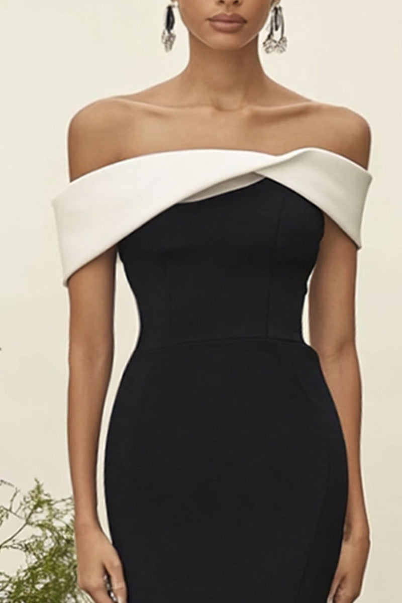 Load image into Gallery viewer, White Black Satin Mermaid Off the Shoulder Long Formal Dress