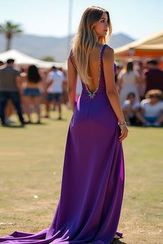 Dark Purple Beaded A-Line Long Formal Dress with Slit