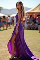 Load image into Gallery viewer, Dark Purple Beaded A-Line Long Formal Dress with Slit