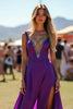 Load image into Gallery viewer, Dark Purple Beaded A-Line Long Formal Dress with Slit
