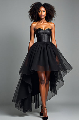 Black A Line Sweetheart Tulle High-Low Formal Dress