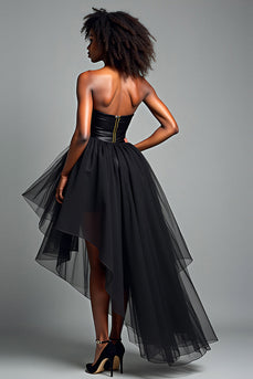 Black A Line Sweetheart Tulle High-Low Formal Dress