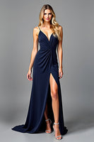 Load image into Gallery viewer, Navy Spaghetti Straps Long Ruched Formal Dress with Slit