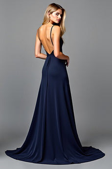 Navy Spaghetti Straps Long Ruched Formal Dress with Slit