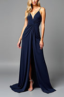 Load image into Gallery viewer, Navy Spaghetti Straps Long Ruched Formal Dress with Slit