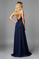 Load image into Gallery viewer, Navy Spaghetti Straps Long Ruched Formal Dress with Slit