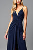 Load image into Gallery viewer, Navy Spaghetti Straps Long Ruched Formal Dress with Slit