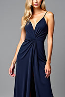 Load image into Gallery viewer, Navy Spaghetti Straps Long Ruched Formal Dress with Slit