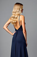 Load image into Gallery viewer, Navy Spaghetti Straps Long Ruched Formal Dress with Slit