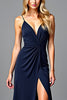 Load image into Gallery viewer, Navy Spaghetti Straps Long Ruched Formal Dress with Slit