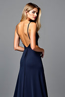 Load image into Gallery viewer, Navy Spaghetti Straps Long Ruched Formal Dress with Slit