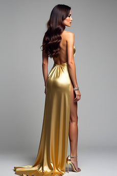Golden Halter Metallic A-Line Long Formal Dress with Slit