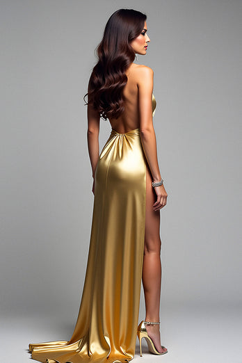 Golden Halter Metallic A-Line Long Formal Dress with Slit