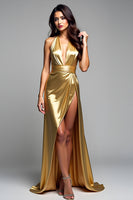 Load image into Gallery viewer, Golden Halter Metallic A-Line Long Formal Dress with Slit