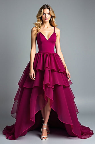 Burgundy Chiffon Tiered High Low A Line Long Formal Dress