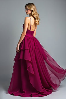Burgundy Chiffon Tiered High Low A Line Long Formal Dress