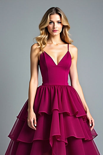 Burgundy Chiffon Tiered High Low A Line Long Formal Dress