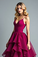 Load image into Gallery viewer, Burgundy Chiffon Tiered High Low A Line Long Formal Dress