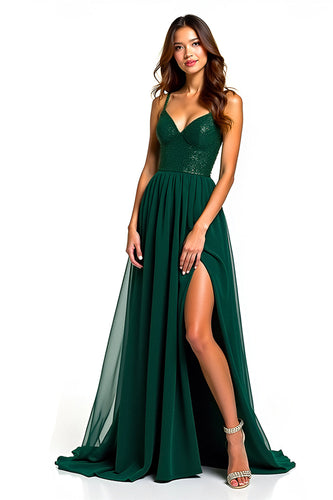 Dark Green Spaghetti Straps A-Line Long Formal Dress with Slit