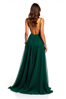 Dark Green Spaghetti Straps A-Line Long Formal Dress with Slit